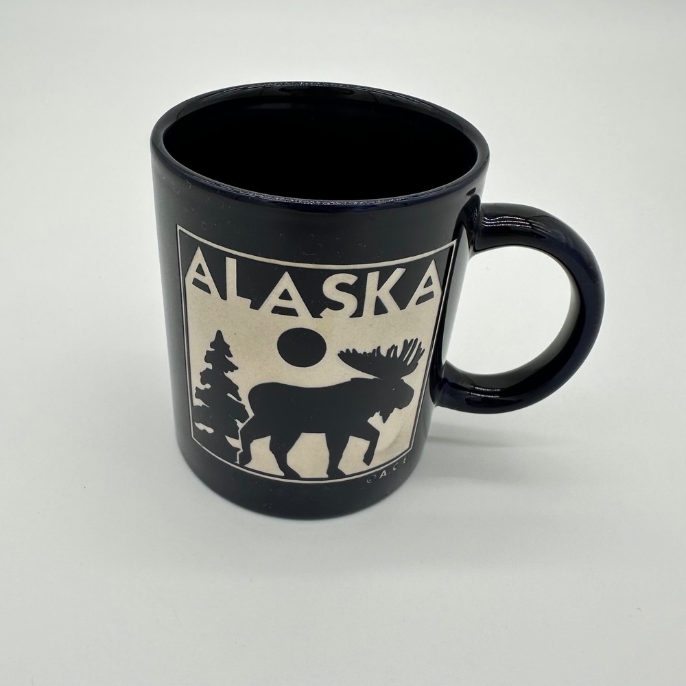 Vintage Alaska Moose‎ Coffee Mug Navy Blue Ceramic Souvenir ACE Wilderness Cabin